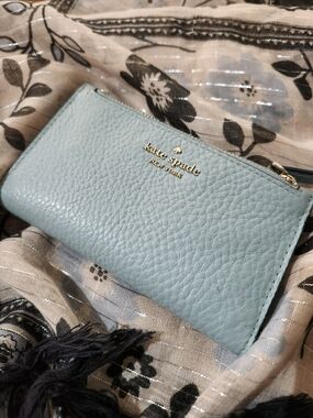 kate spade Light Blue Pebbled Leather Zip Wallet with Gold Logo